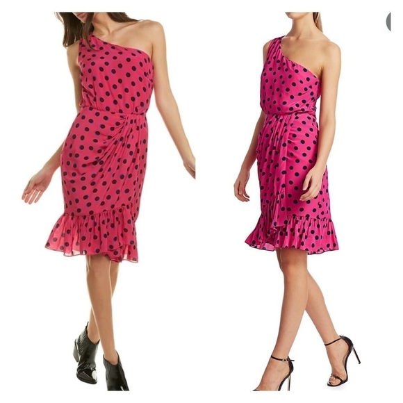 NWT Derek Lam 10 Crosby Taula Pink Polka Dot One Shoulder Mini Dress Size 18 - Picture 1 of 9